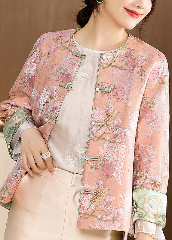 Cute Pink O-Neck Embroideried Print Button Coats Long Sleeve - Omychic