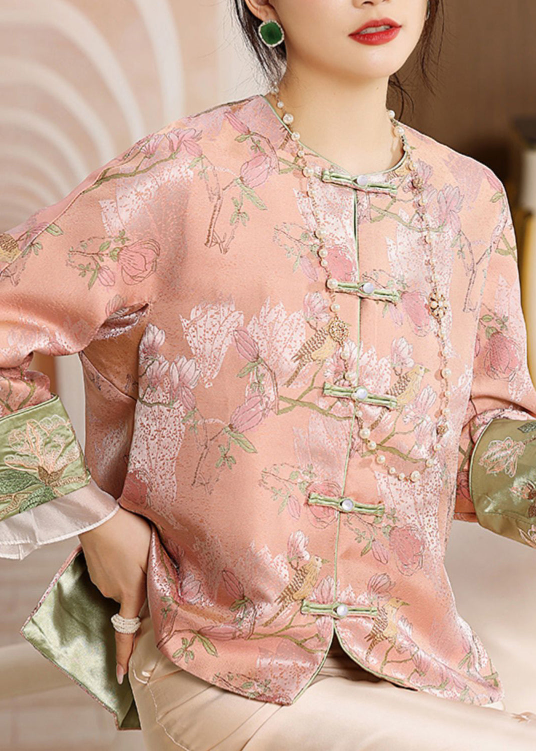 Cute Pink O-Neck Embroideried Print Button Coats Long Sleeve