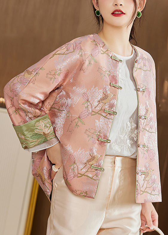Cute Pink O-Neck Embroideried Print Button Coats Long Sleeve