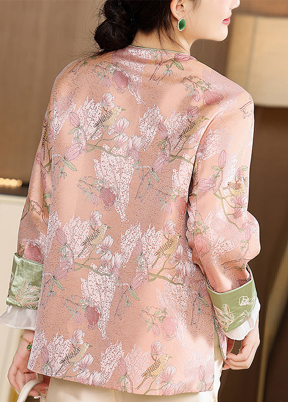 Cute Pink O-Neck Embroideried Print Button Coats Long Sleeve