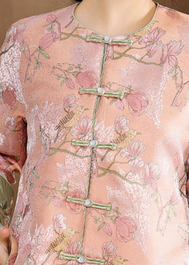 Cute Pink O-Neck Embroideried Print Button Coats Long Sleeve - Omychic