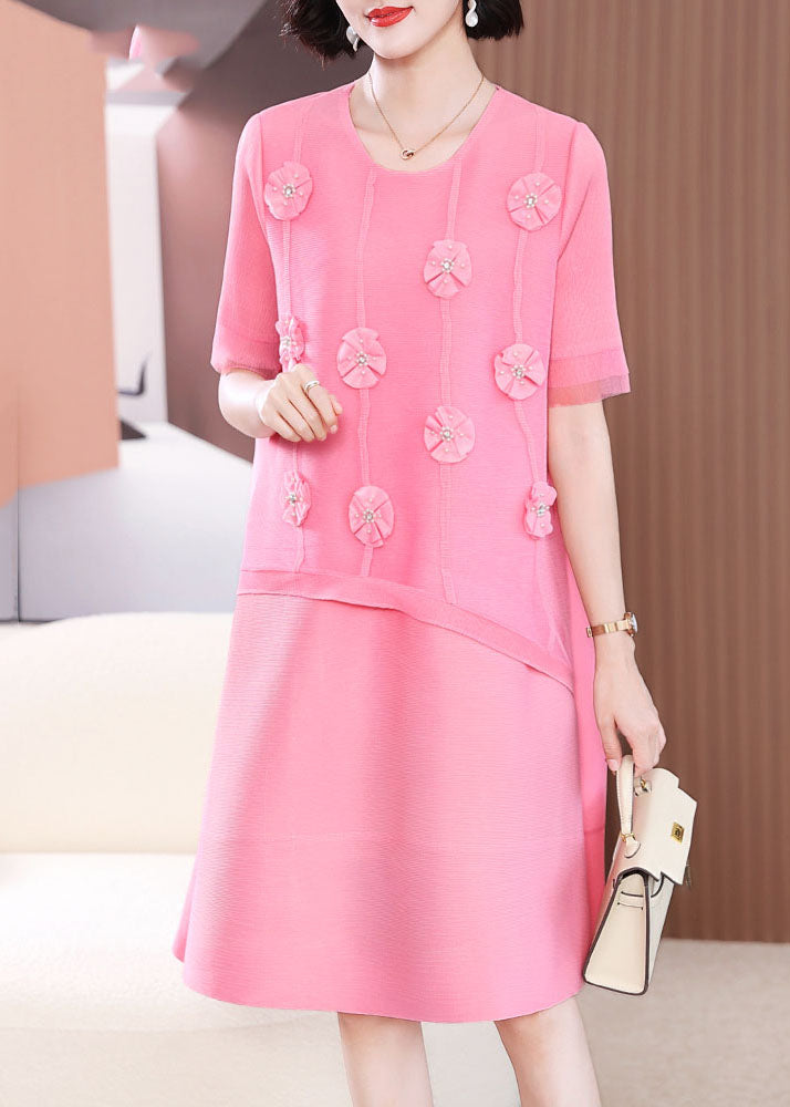 Cute Pink O-Neck Floral Patchwork Long Dress Short Sleeve