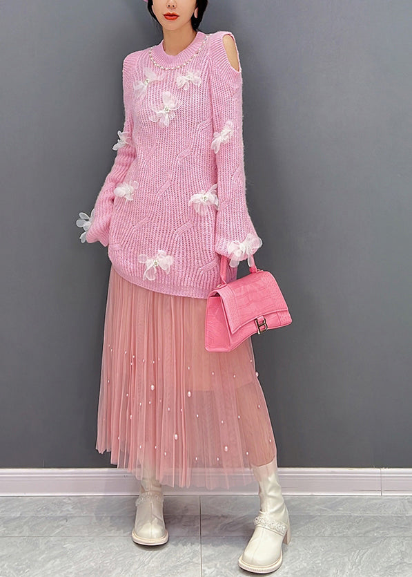 Cute Pink O-Neck Knit Top And Tulle Maxi Skirts Two Pieces Set Fall