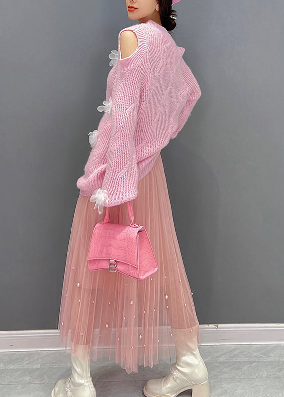 Cute Pink O-Neck Knit Top And Tulle Maxi Skirts Two Pieces Set Fall