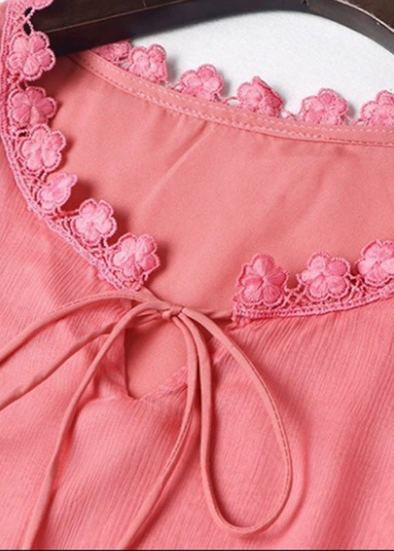 Cute Pink O-Neck Patchwork Wrinkled Silk Maxi Dress Summer