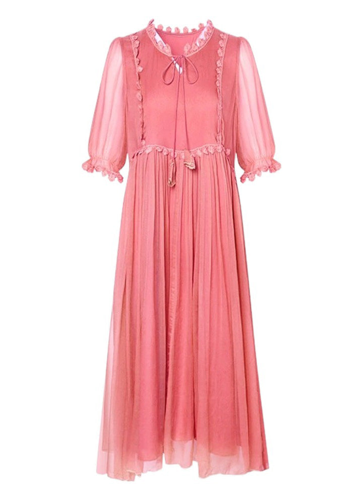 Cute Pink O-Neck Patchwork Wrinkled Silk Maxi Dress Summer