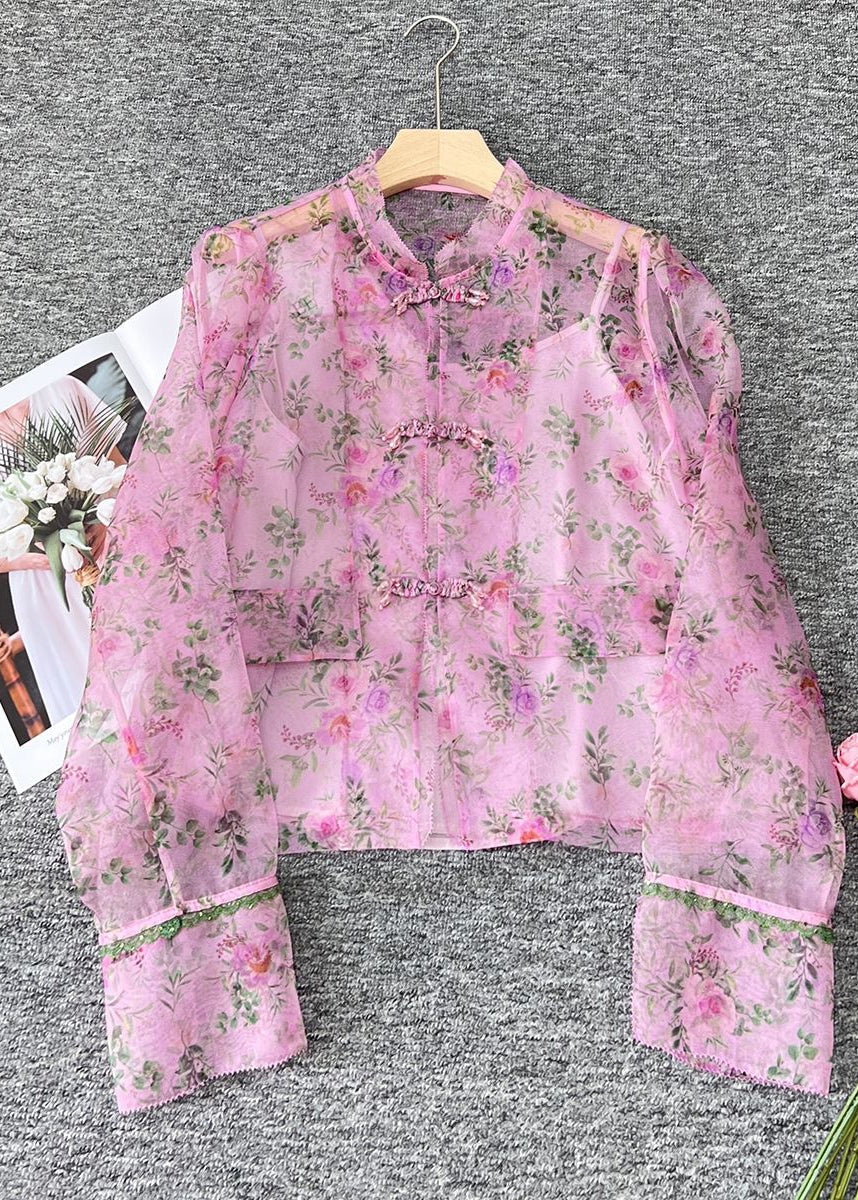 Cute Pink O-Neck Print Patchwork Organza Shirts Long Sleeve