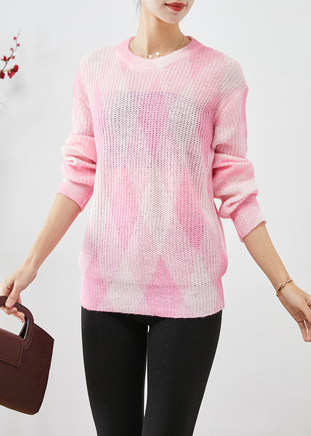 Cute Pink Oversized Plaid Knit Sweaters Fall