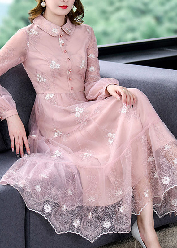 Cute Pink Peter Pan Collar Embroideried Floral Patchwork Button Tulle Maxi Dress Long Sleeve