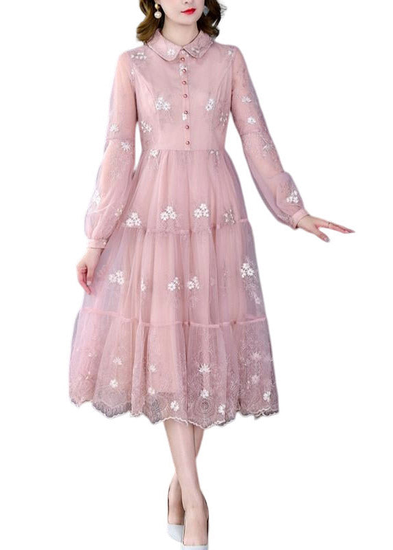 Cute Pink Peter Pan Collar Embroideried Floral Patchwork Button Tulle Maxi Dress Long Sleeve