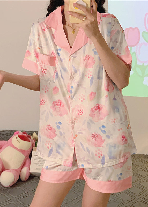 Cute Pink Peter Pan Collar Print Ice Silk Pajamas Two Pieces Set Short Sleeve