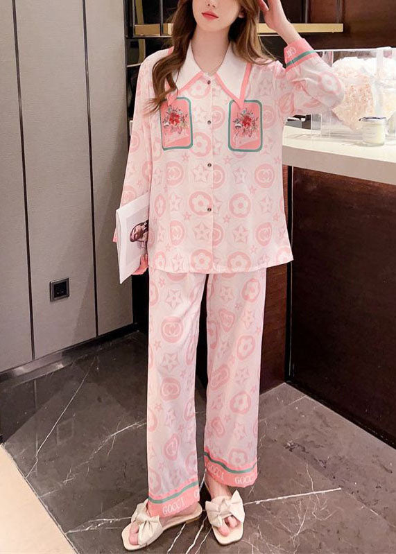Cute Pink Peter Pan Collar Print Ice Silk Pajamas Two Pieces Set Spring