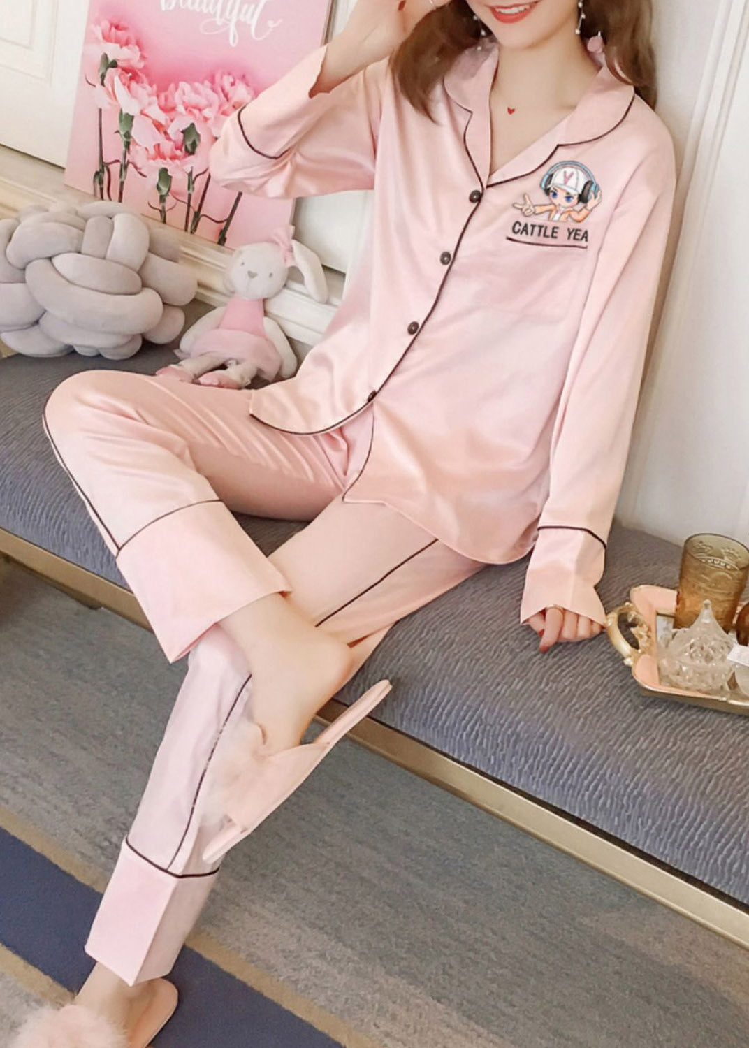 Cute Pink Peter Pan Collar Print Patchwork Button Ice Silk Pajamas Two Piece Set Outfits Spring