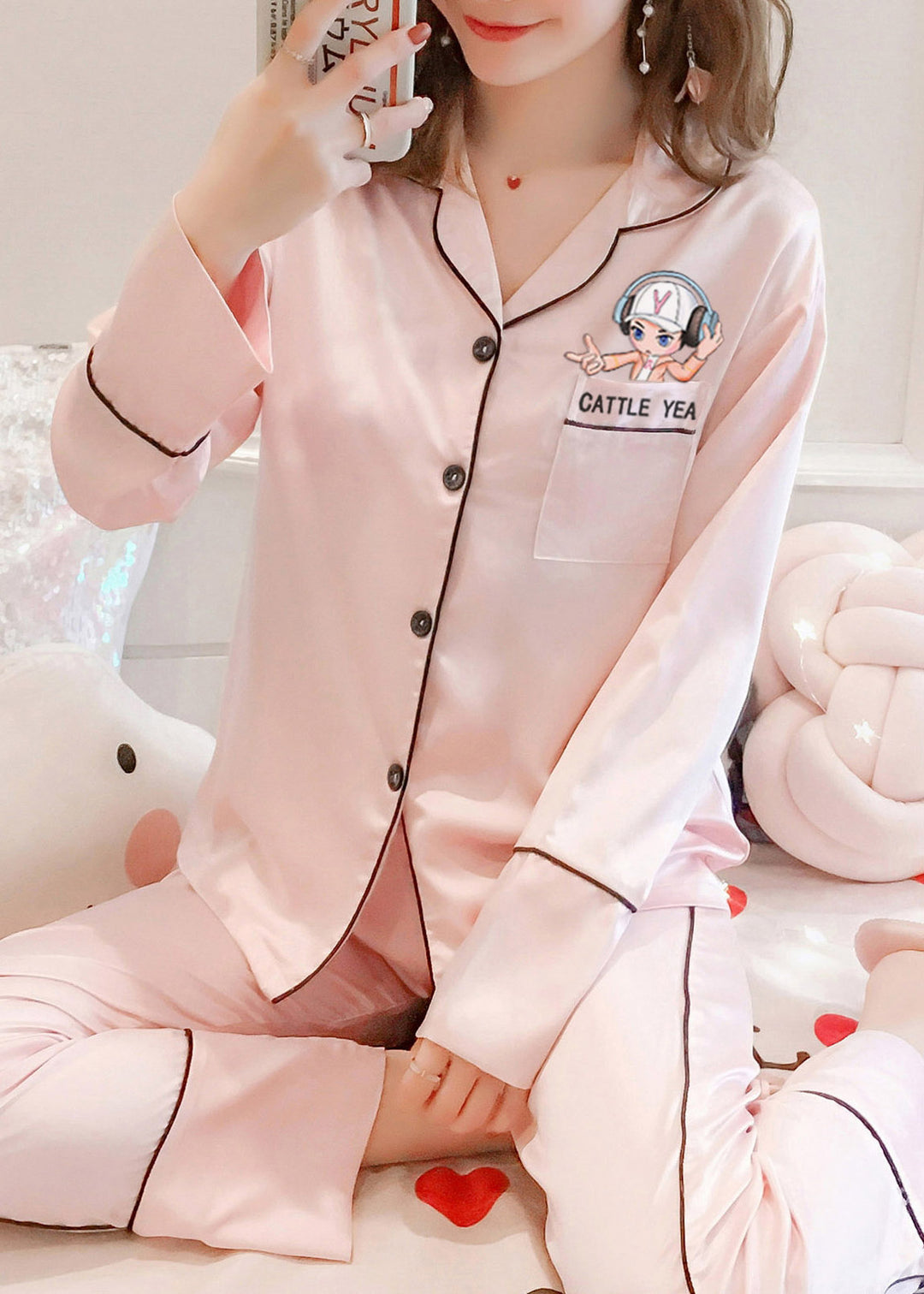 Cute Pink Peter Pan Collar Print Patchwork Button Ice Silk Pajamas Two Piece Set Outfits Spring