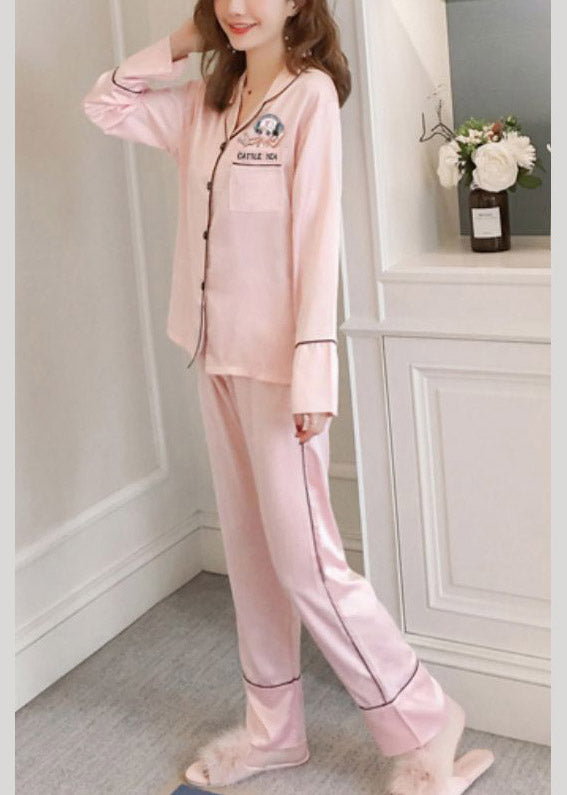 Cute Pink Peter Pan Collar Print Patchwork Button Ice Silk Pajamas Two Piece Set Outfits Spring