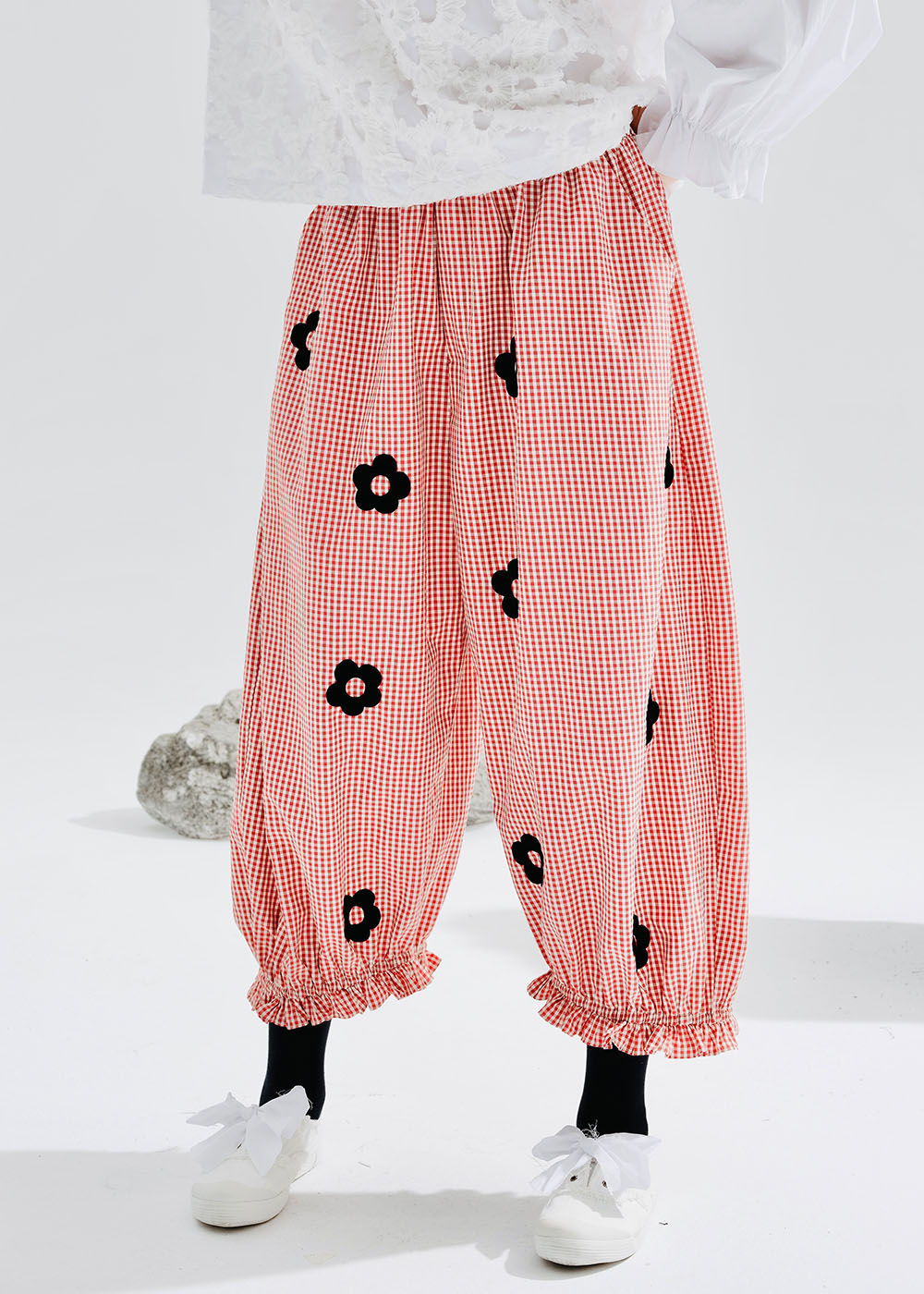 Cute Pink Pockets Ruffled Patchwork Print Harem Crop Pants Fall