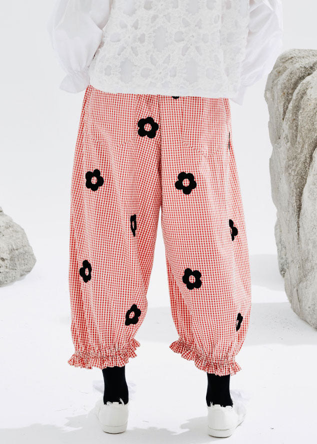 Cute Pink Pockets Ruffled Patchwork Print Harem Crop Pants Fall