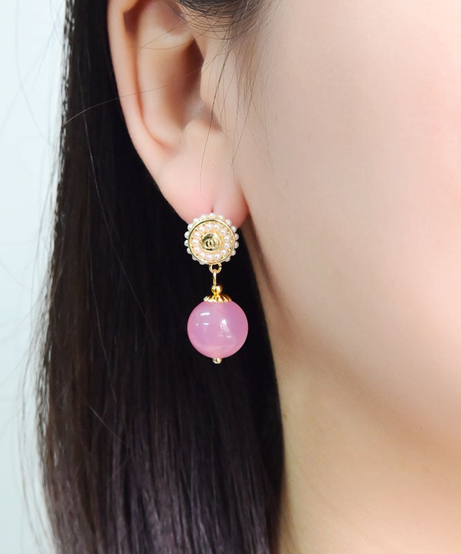 Cute Pink Sterling Silver Pearl Chalcedony Ball Drop Earrings