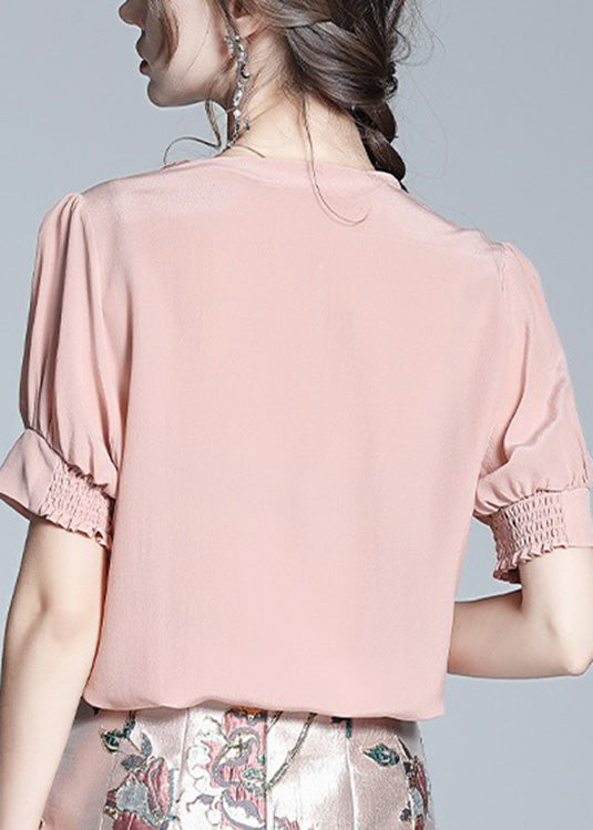 Cute Pink V Neck Embroideried Button Silk Shirt Short Sleeve