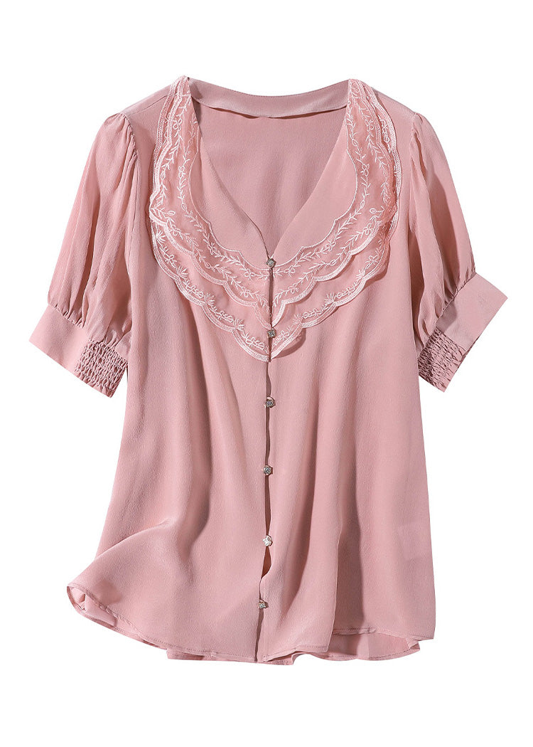 Cute Pink V Neck Embroideried Button Silk Shirt Short Sleeve