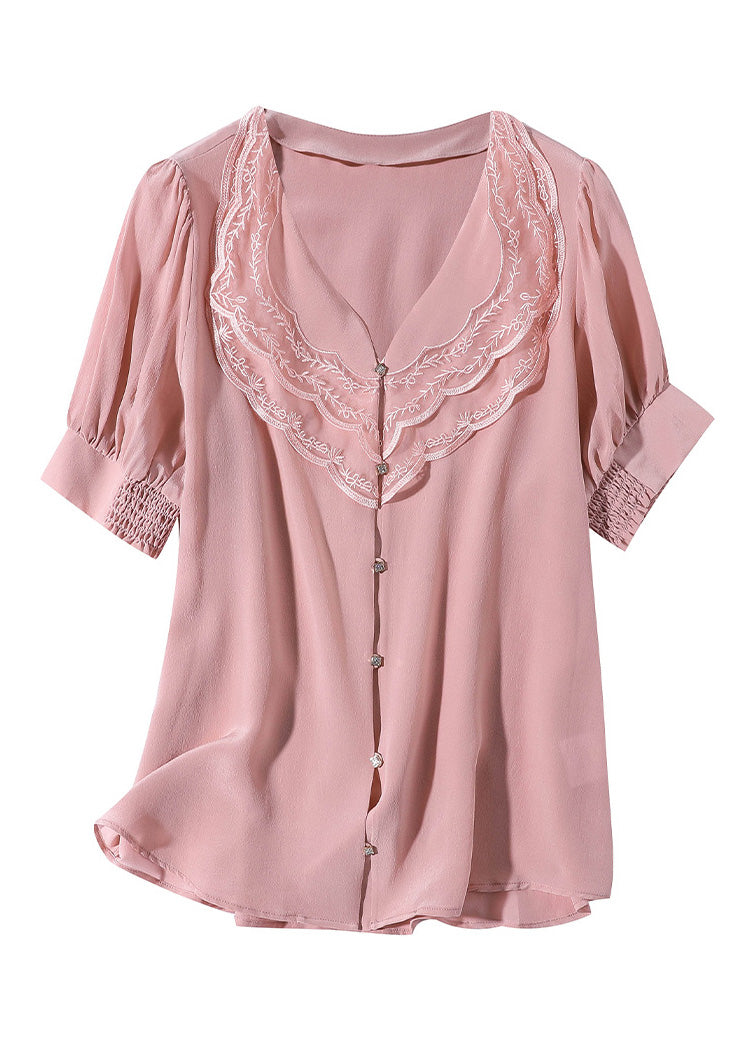 Cute Pink V Neck Embroideried Button Silk Shirt Short Sleeve - Omychic