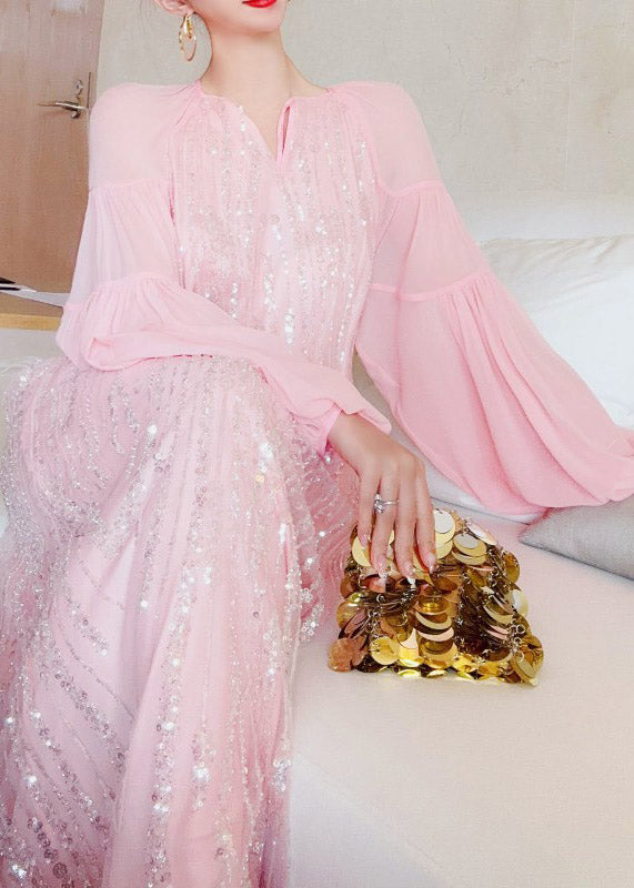 Cute Pink V Neck Patchwork Sequins Silk Long Dress Lantern Sleeve