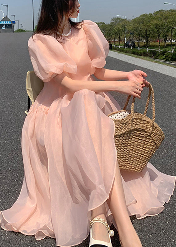 Cute Pink V Neck Patchwork Tulle Party Long Dress Puff Sleeve