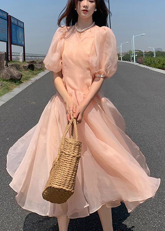 Cute Pink V Neck Patchwork Tulle Party Long Dress Puff Sleeve