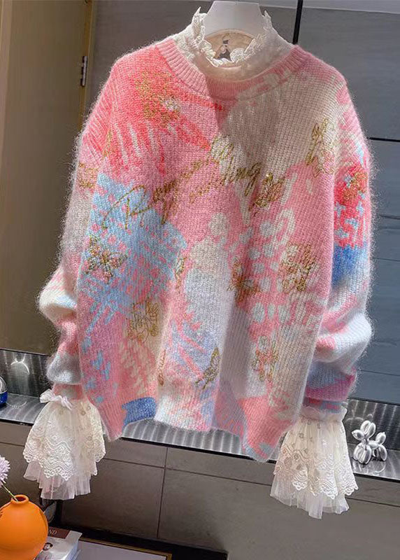 Cute Red O-Neck Print Lace Patchwork Cotton Knit Sweaters