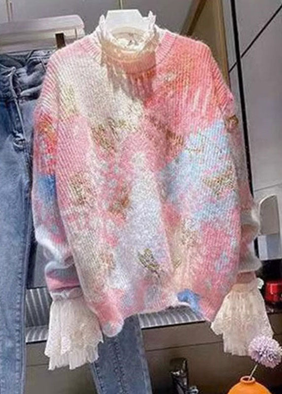 Cute Red O-Neck Print Lace Patchwork Cotton Knit Sweaters