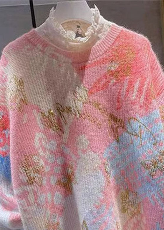 Cute Red O-Neck Print Lace Patchwork Cotton Knit Sweaters