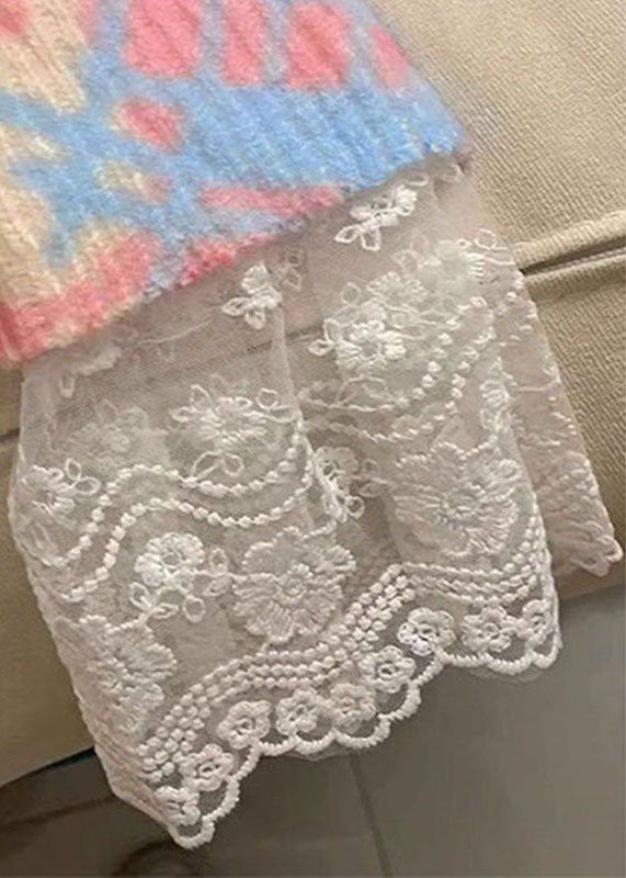 Cute Red O-Neck Print Lace Patchwork Cotton Knit Sweaters