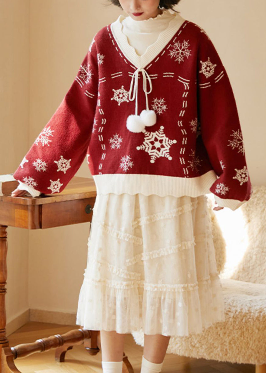 Cute Red V Neck Thick Embroideried Knit Knitted Tops Fall