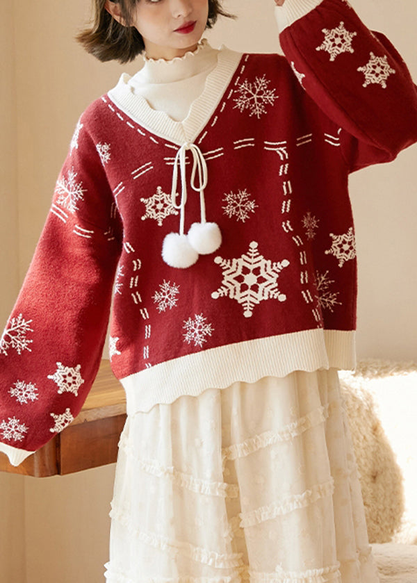 Cute Red V Neck Thick Embroideried Knit Knitted Tops Fall