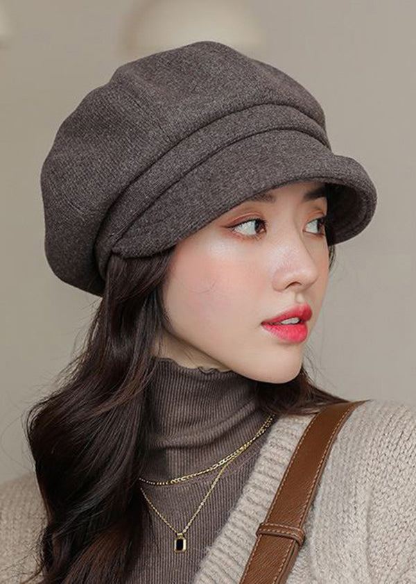 Cute Style Khaki Wrinkled Patchwork Beret Hat