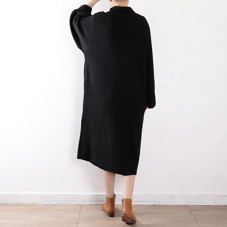 Cute Sweater weather Vintage o neck pockets black oversized knit dress - Omychic