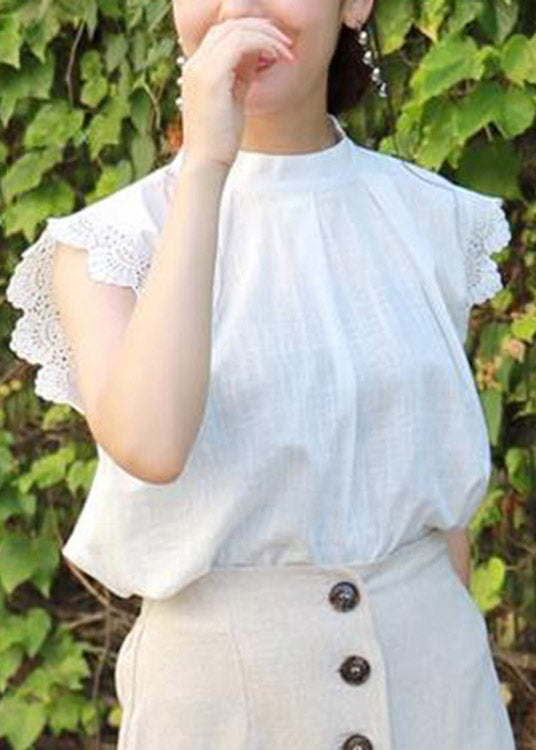 Cute White Stand Collar Ruffled Lace Patchwork Cotton Skirt Summer