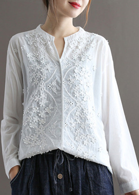 Cute White V Neck Embroideried Floral Solid Cotton Top Spring