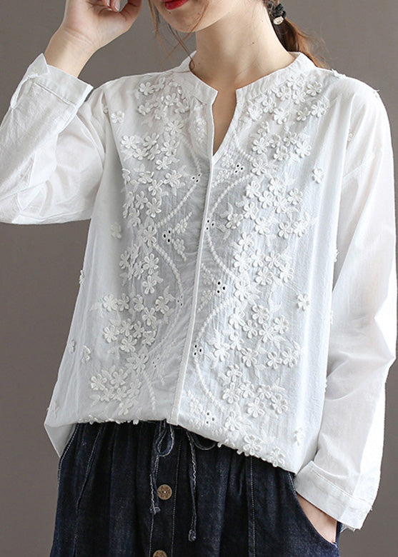 Cute White V Neck Embroideried Floral Solid Cotton Top Spring