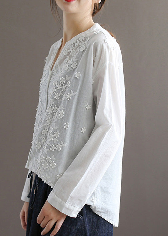 Cute White V Neck Embroideried Floral Solid Cotton Top Spring