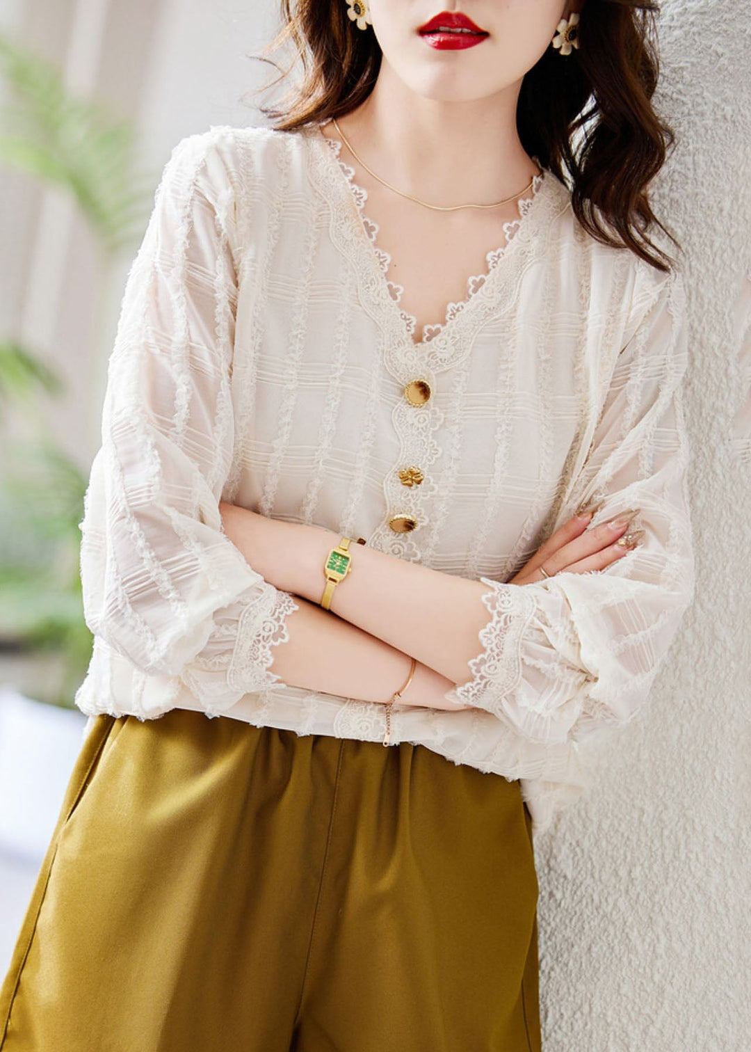 Cute White V Neck Lace Patchwork Button Chiffon Shirt Fall