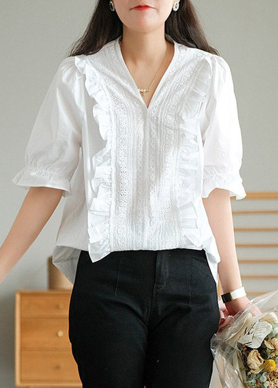 Cute White V Neck Ruffled Linen T Shirt Half Sleeve