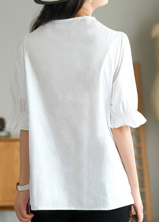 Cute White V Neck Ruffled Linen T Shirt Half Sleeve