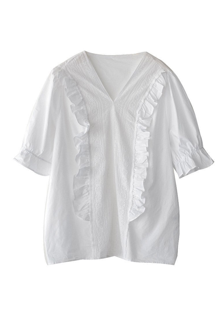 Cute White V Neck Ruffled Linen T Shirt Half Sleeve