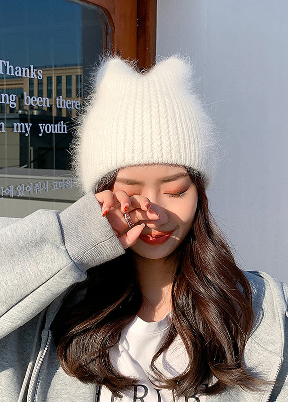 Cute White Warm Rabbit Hair Knit Bonnie Hat