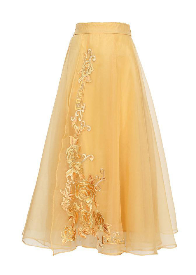 Cute Yellow Embroideried High Waist Tie Waist Tulle Skirts Fall
