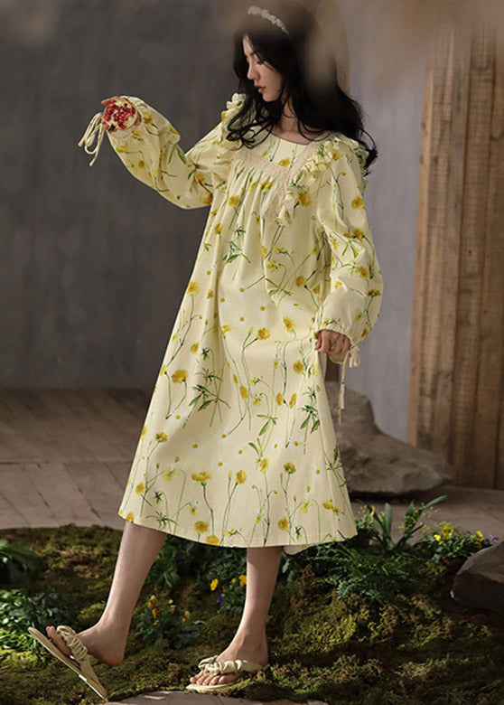 Cute Yellow Square Collar Ruffled Print Cotton Long Dress Spring