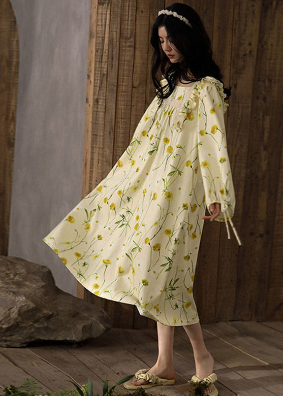 Cute Yellow Square Collar Ruffled Print Cotton Long Dress Spring