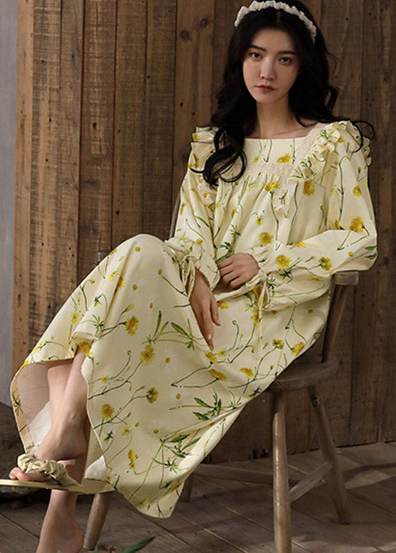 Cute Yellow Square Collar Ruffled Print Cotton Long Dress Spring