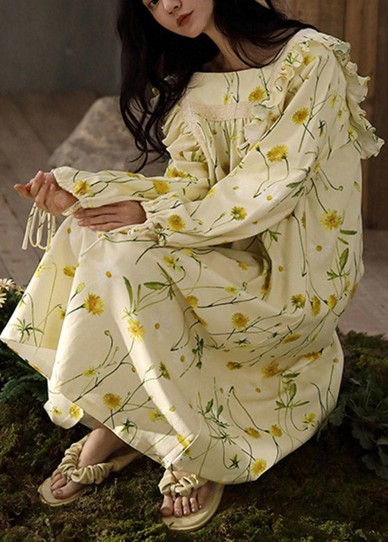 Cute Yellow Square Collar Ruffled Print Cotton Long Dress Spring